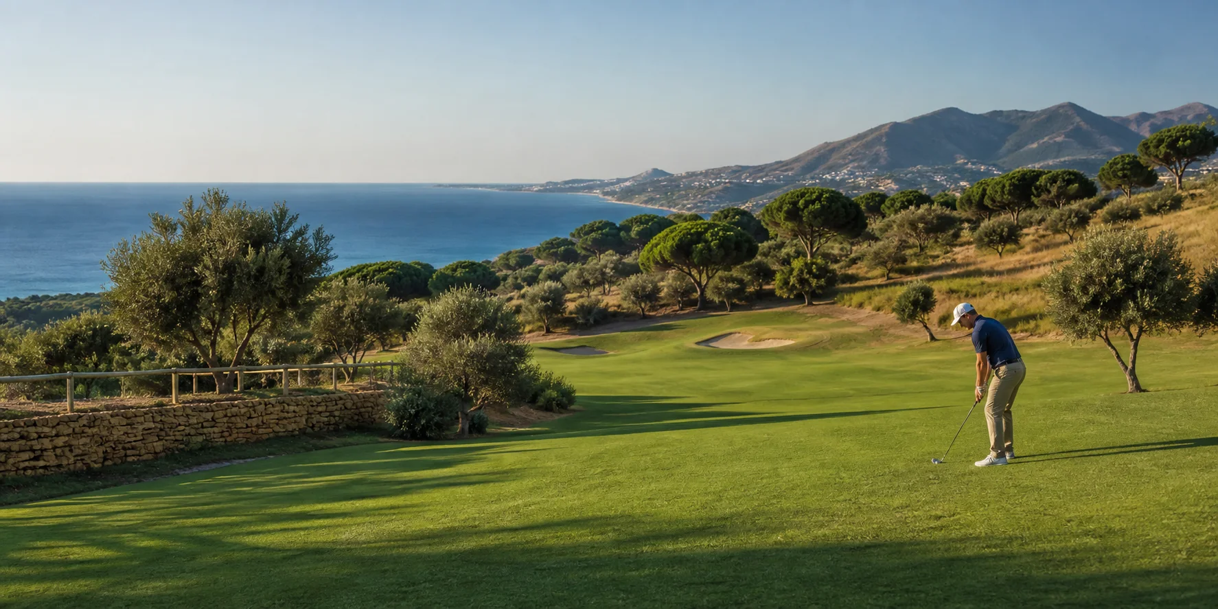 Golfer auf einem mediterranen Golfplatz mit Blick auf die Costa del Sol