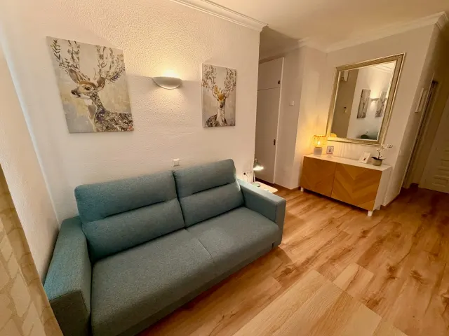Premium one-bedroom apartment — Contemporary sofa area beside the bedroom