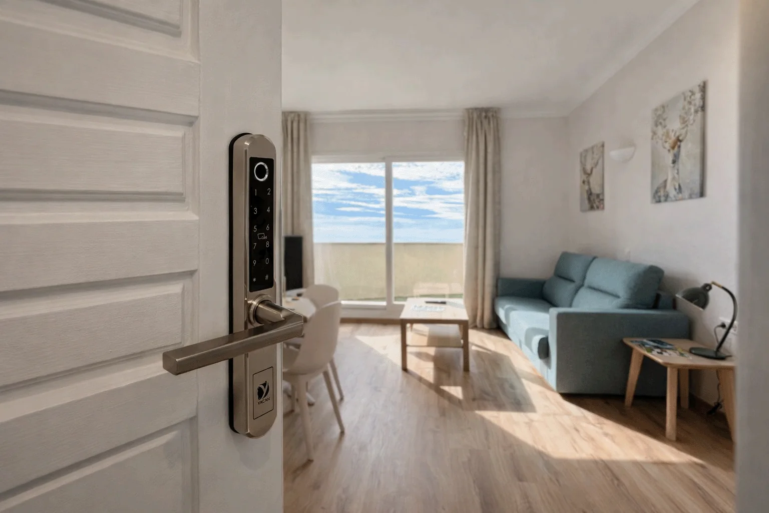Kingfisher apartment door open beside a keypad smart lock