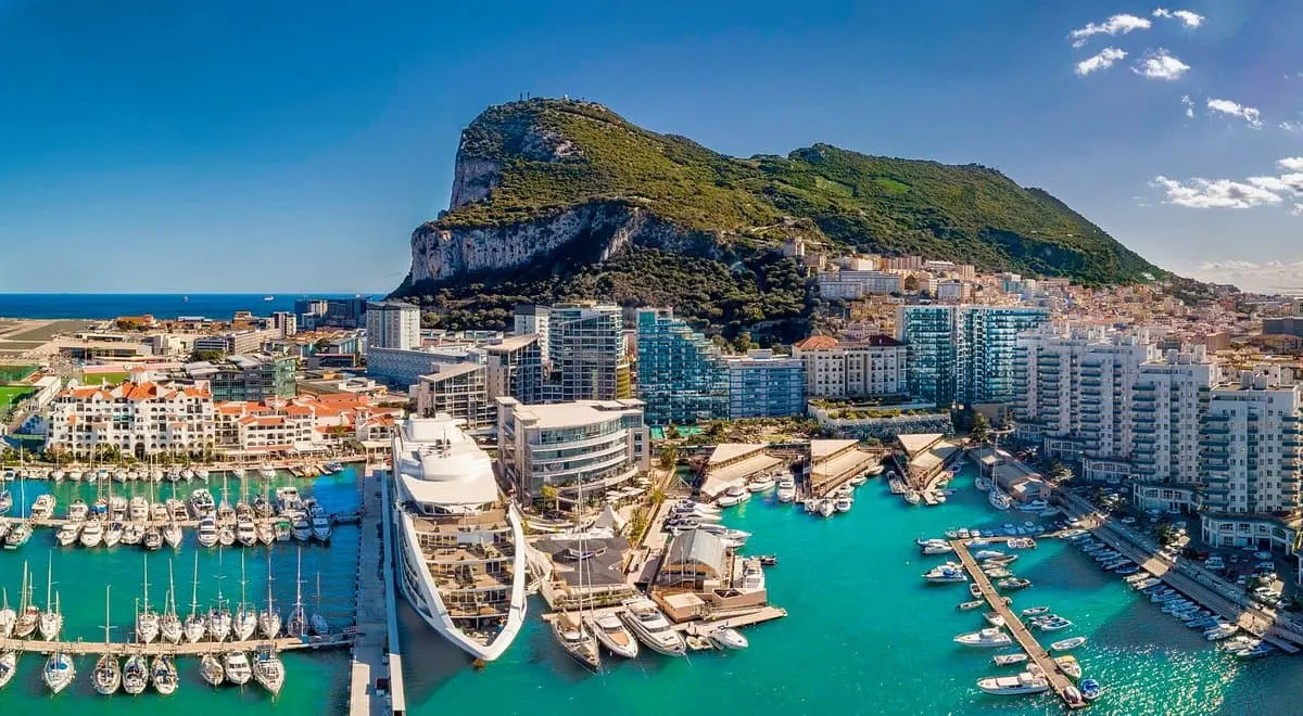 Aerial view of Gibraltar Marina and the Rock of Gibraltar on a clear Mediterranean day