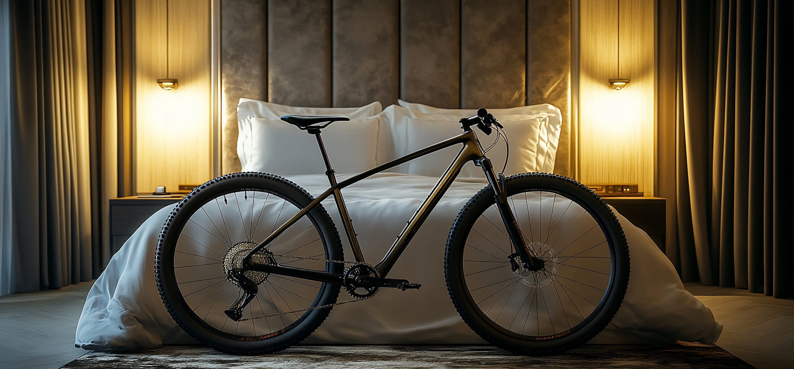 a black mountain bike sits in front of a white bed in a luxury hotel room.