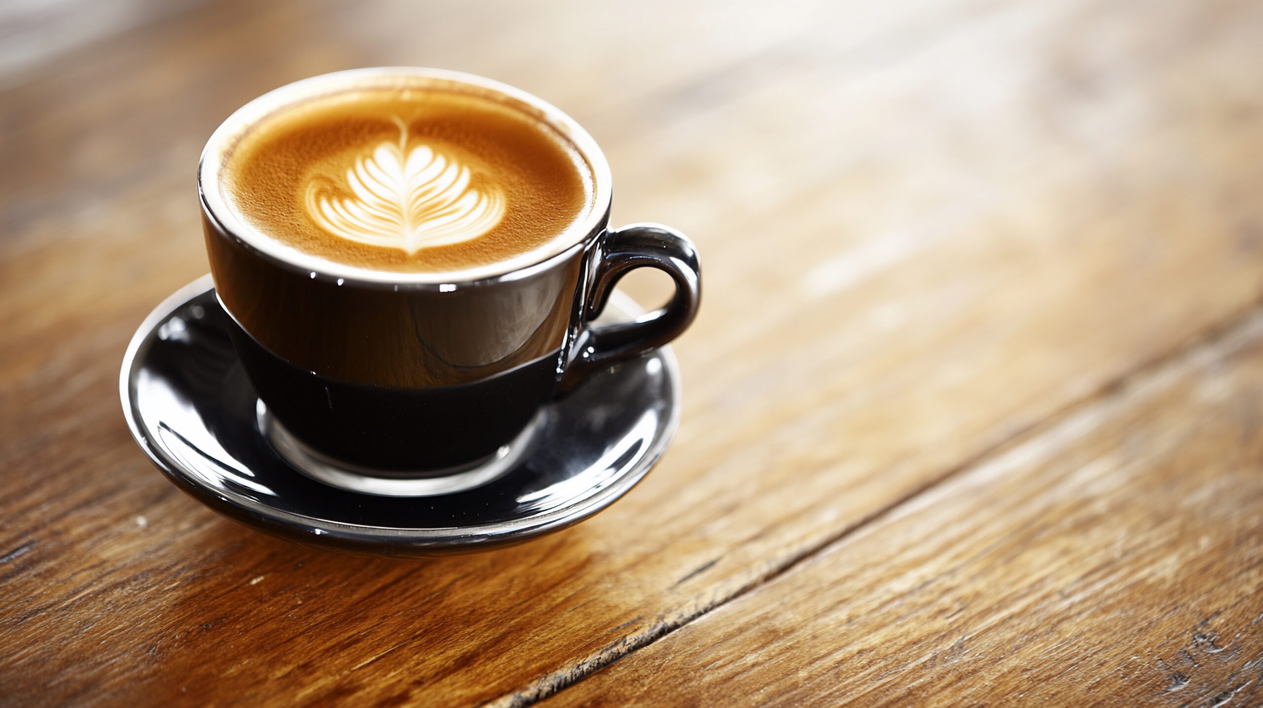 Latte Art Kaffeetasse auf Holztisch, Café-Hintergrund